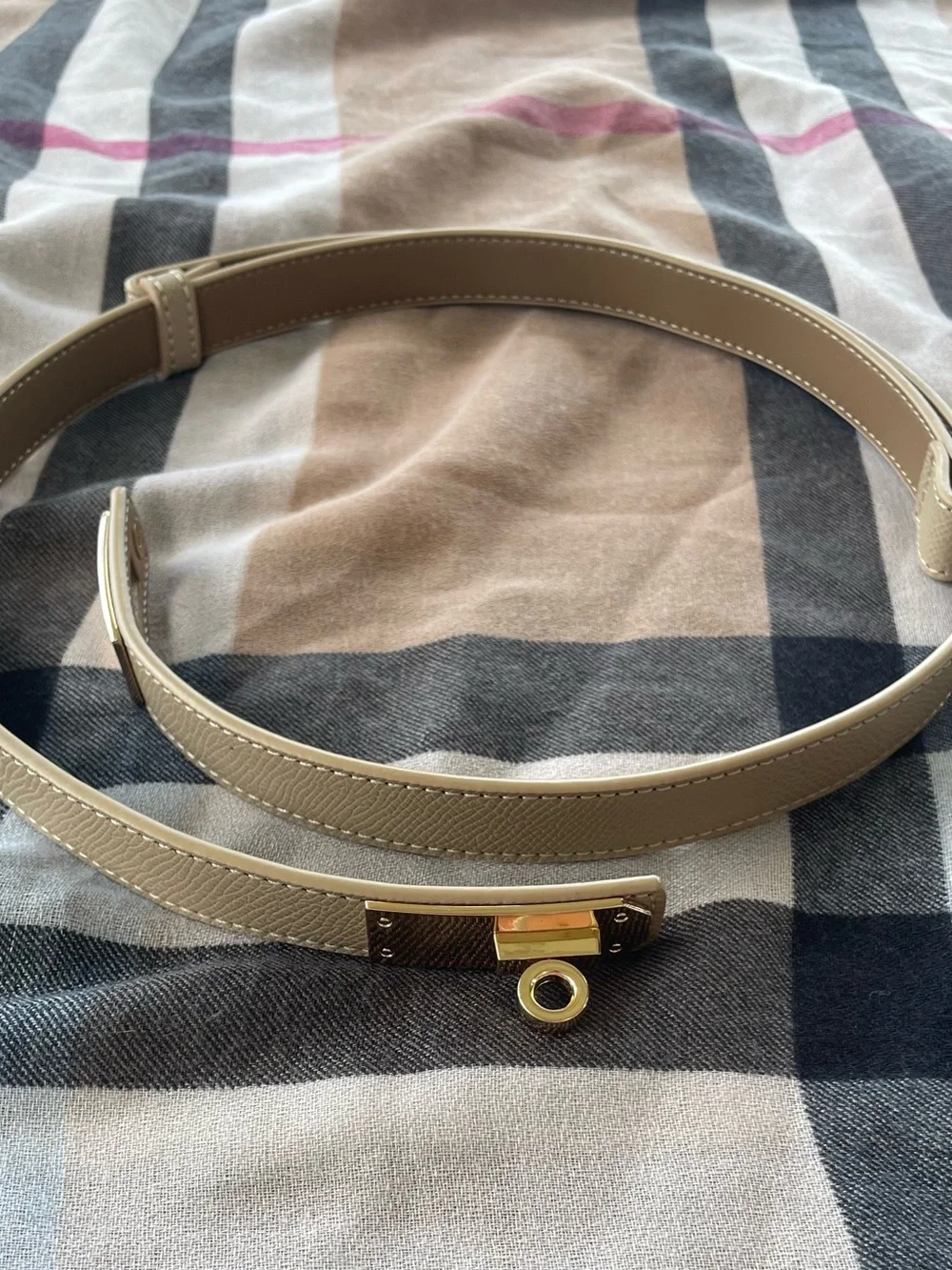 Adjustable Sliding Lock Skinny Beige Leather Belt